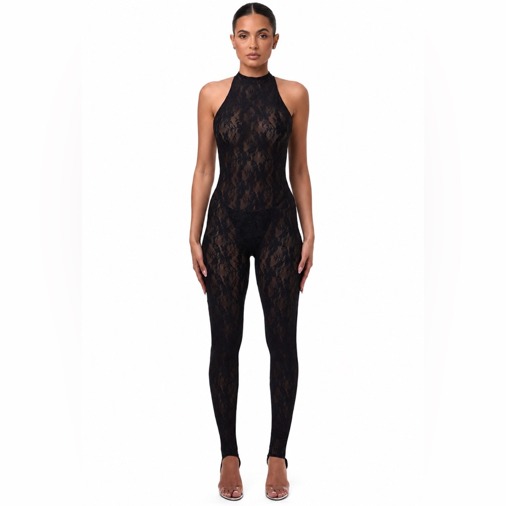 Naked Wardrobe Stretch Lace Halter Jumpsuit